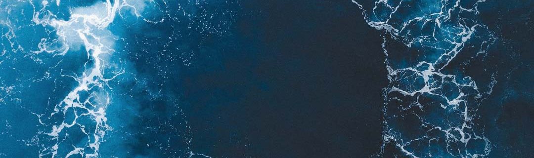 Mörkblått vatten med vita skummande vågor på sidorna.