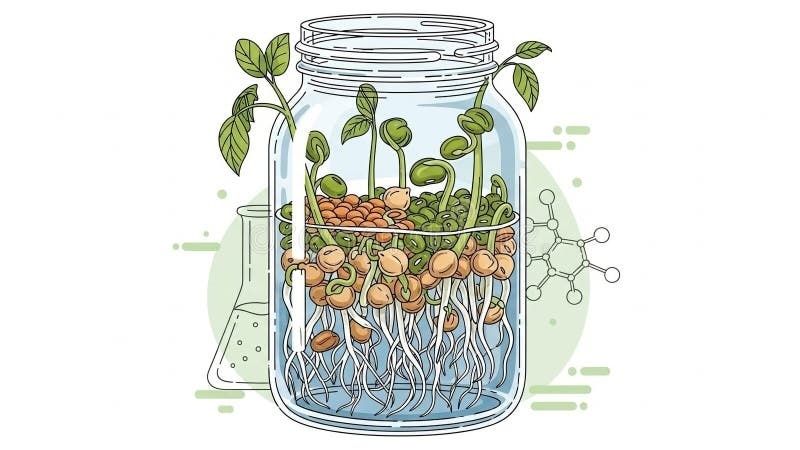 Illustration av groddar och rötter i en glasburk